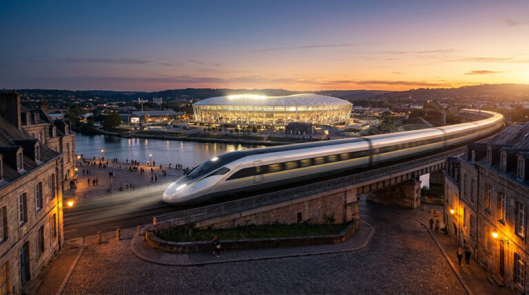 Trajet Lille Dortmund en train : ton guide pratique et foot Train à grande vitesse sur un viaduc, passant devant un stade éclairé et une ville ancienne au coucher du soleil.