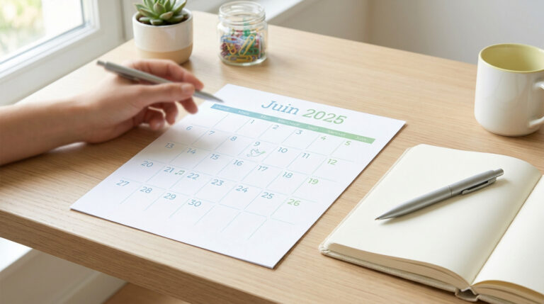 Une main écrit sur un calendrier de juin 2025 posé sur un bureau en bois, avec un carnet ouvert et une tasse à proximité.