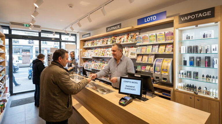Ton bureau de tabac : services, vape et infos pratiques Un buraliste souriant sert un client au comptoir de son magasin proposant journaux, jeux de Loto et produits de vapotage.