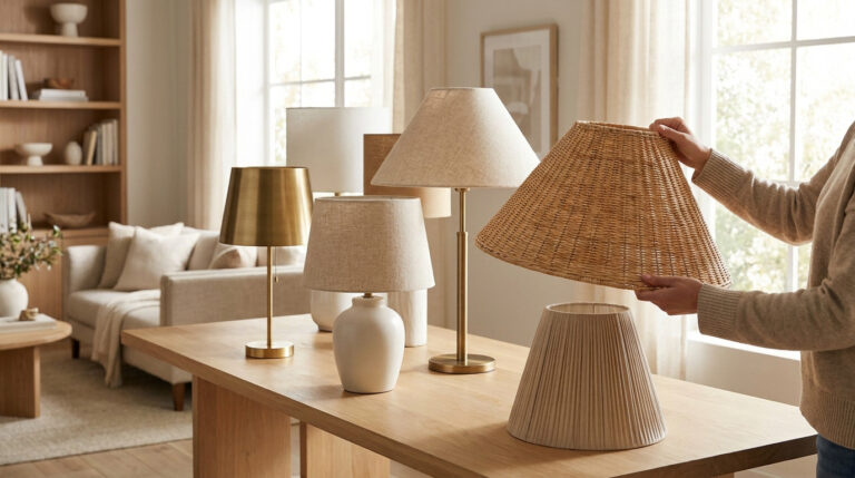 Une personne choisit un abat-jour en rotin sur une table entourée de plusieurs modèles de lampes dans un salon.