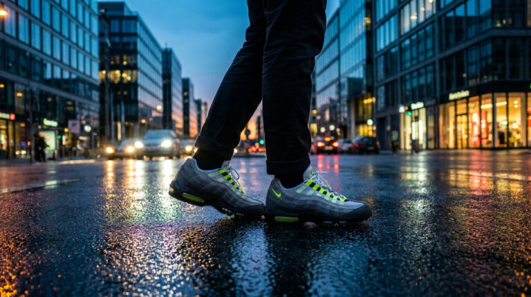 Personne en Air Max 95 grises et néon sur une rue mouillée. Reflets des lumières de la ville et des voitures en arrière-plan.