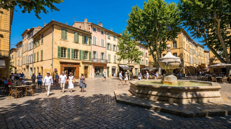 Météo à Aix-en-Provence : soleil de plomb et chaleur record Place animée d'Aix-en-Provence avec une fontaine en pierre, des terrasses de café et des passants sous un ciel bleu.