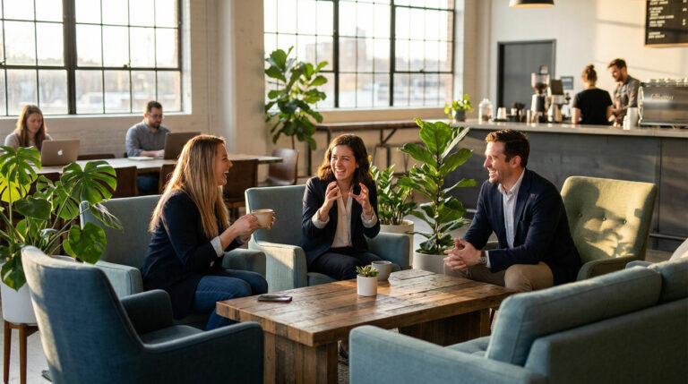 Où dénicher les meilleurs lieux de drague en 2026 ? Groupe de professionnels discutant et riant autour d'une table basse dans un café moderne et lumineux.