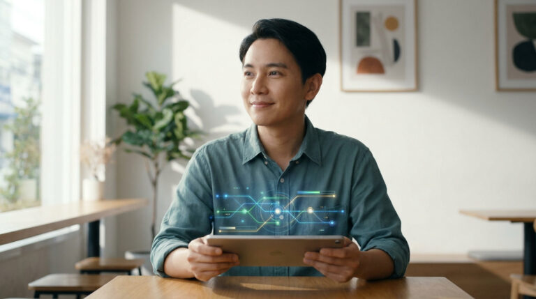 Un homme souriant tenant une tablette avec une interface numérique holographique futuriste projetée au-dessus.