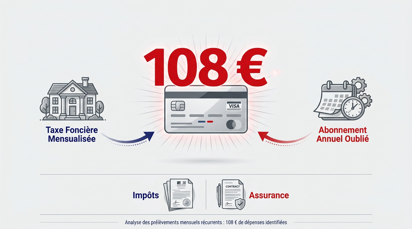 Analyse d'un prélèvement bancaire de 108 euros sur un relevé de compte