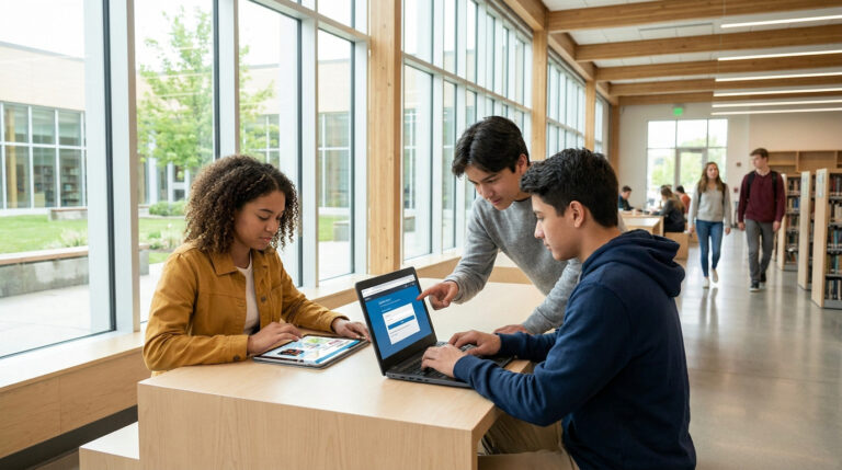 Maîtrise ton lycée connecté en Nouvelle-Aquitaine Trois lycéens collaborent avec un ordinateur portable et une tablette dans une bibliothèque moderne et lumineuse. Un élève pointe l'écran.