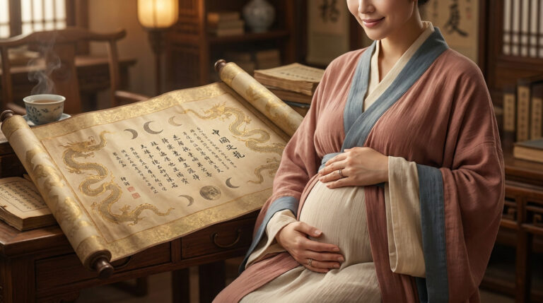 Une femme enceinte, vêtue de vêtements chinois, caresse son ventre près d'un calendrier ancestral décoré de dragons.
