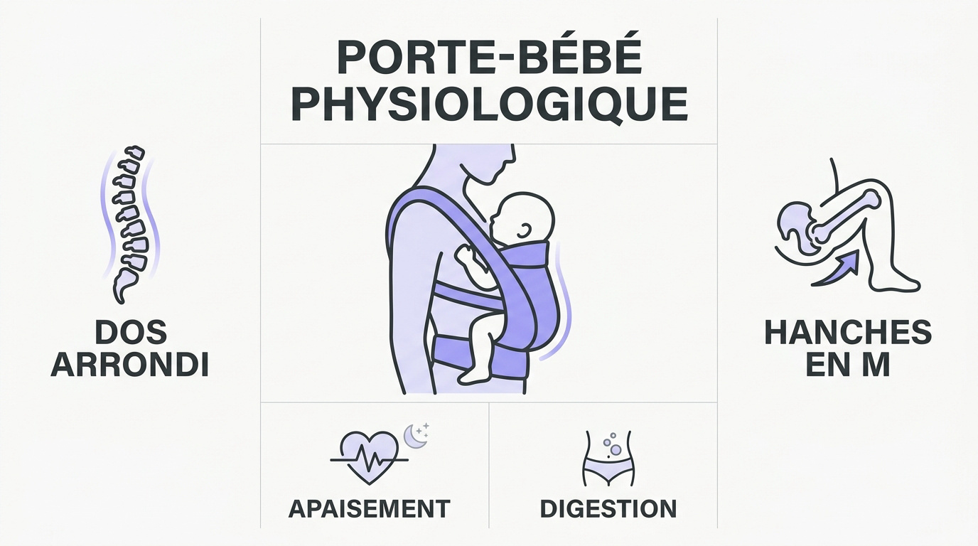 Schéma de la position physiologique en M pour porter un bébé en toute sécurité