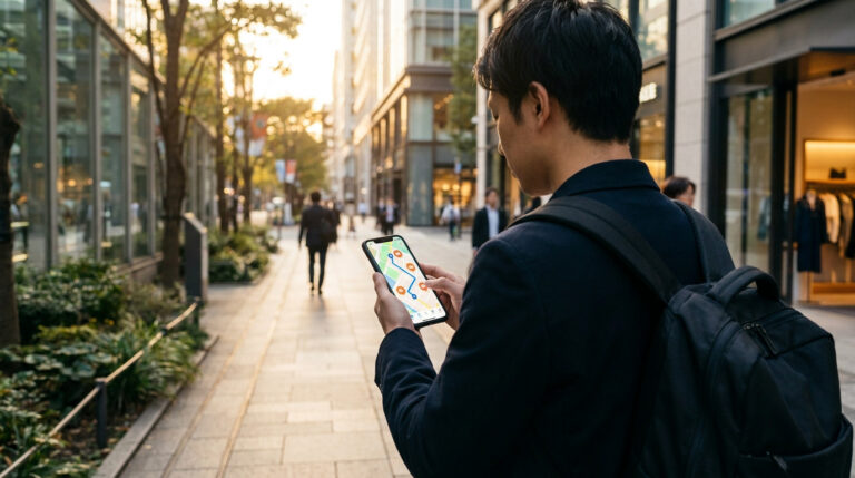 Un homme en costume avec un sac à dos consulte un itinéraire pédestre sur son smartphone dans une rue urbaine.