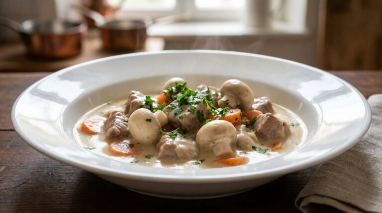 Une assiette creuse de blanquette de veau fumante avec des champignons et des carottes, sur une table en bois.
