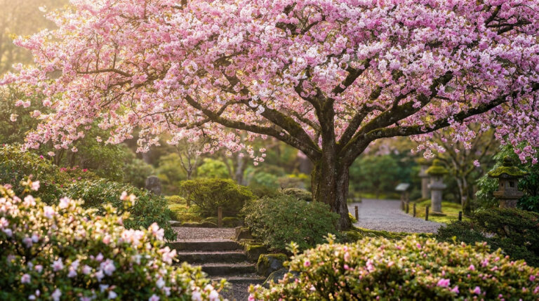 Un magnifique cerisier aux fleurs roses en pleine floraison surplombant un sentier dans un jardin japonais.