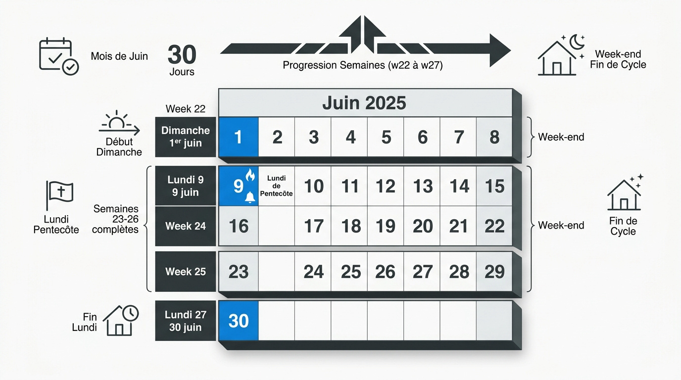 Vue d'ensemble du calendrier de juin 2025 avec les jours clés