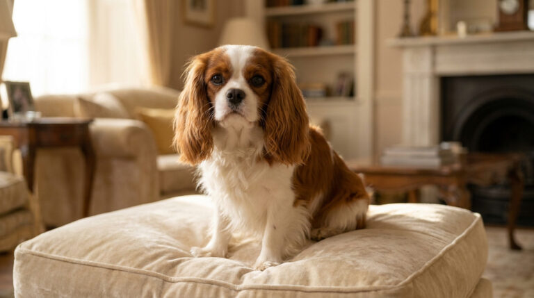Un chien Cavalier King Charles tricolore assis sur un pouf beige dans un salon élégant.