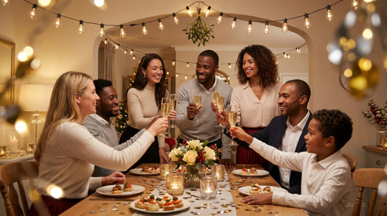 Réveillon du nouvel an : nos astuces pour une fête au top Un groupe d'amis et un enfant célèbrent le nouvel an en portant un toast avec des verres de champagne autour d'une table.