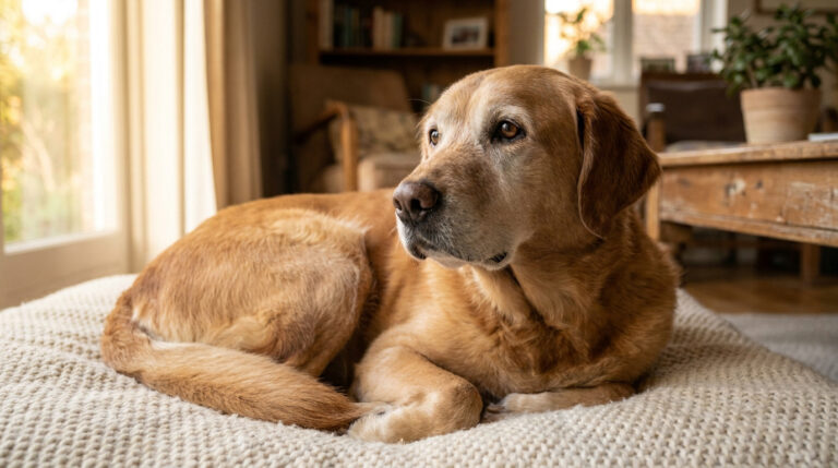 Candilat chien : le remède pour ton vieux compagnon Un vieux chien au pelage doré couché confortablement sur un coussin en maille beige dans un salon lumineux.