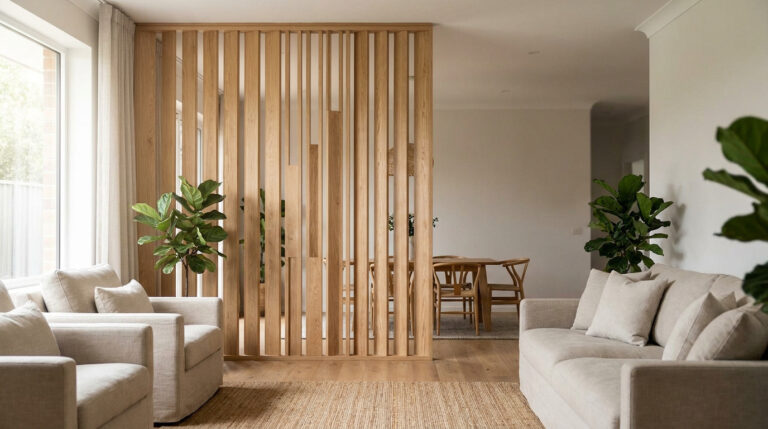 Sublime ton intérieur avec un claustra bois sur mesure Un élégant claustra en lattes de bois clair sépare le salon de la salle à manger dans un intérieur lumineux.