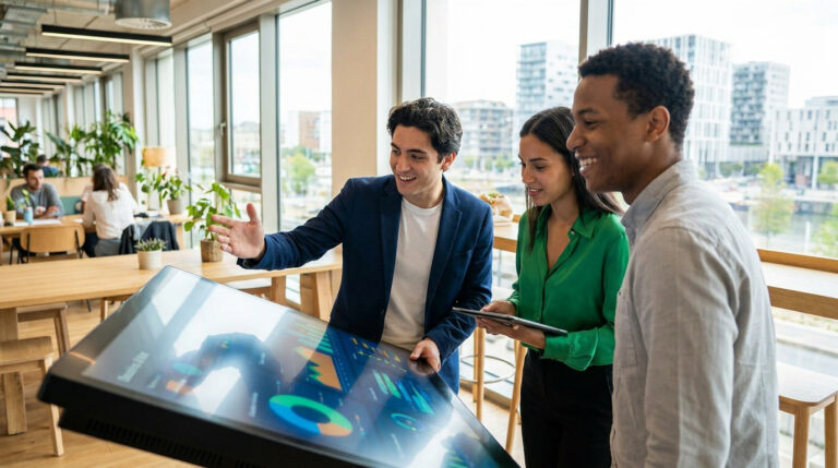 Réussir ton alternance marketing à Bordeaux avec Nexa Trois jeunes professionnels souriants analysent des données marketing sur une table tactile interactive.
