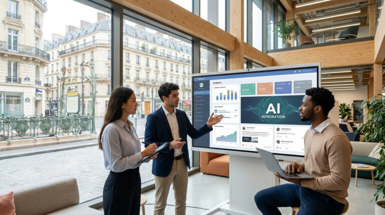 Ton alternance en marketing digital à Paris avec Nexa Trois jeunes professionnels travaillant sur une analyse de données marketing IA dans un bureau moderne à Paris.