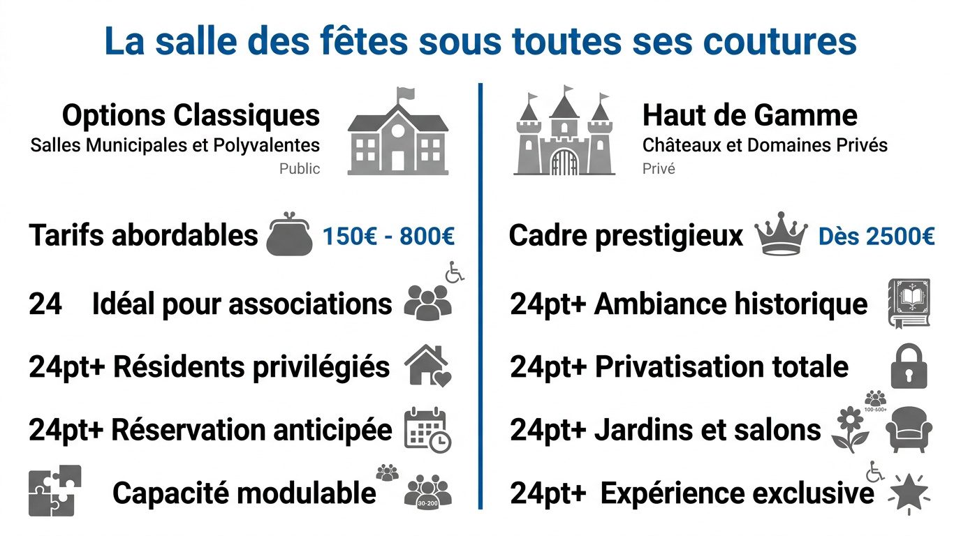Comparaison entre une salle des fêtes municipale classique et un domaine privé haut de gamme pour un événement