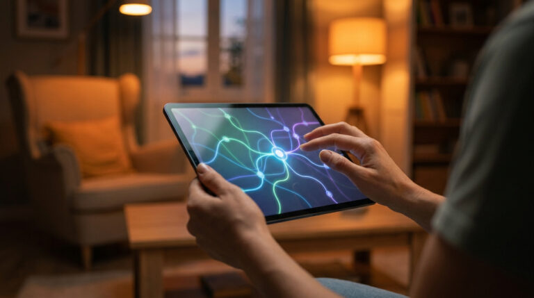 Wiflix nouvelle adresse : où trouver le site en mai 2026 ? Une personne utilisant une tablette avec un graphique de réseau lumineux dans un salon chaleureux en soirée.