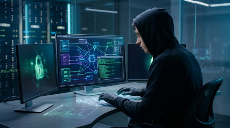 Expert en cybersécurité portant un sweat à capuche et des gants travaillant sur des écrans avec des codes et un cadenas.