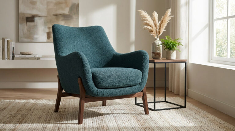Ton fauteuil design Made in Design pour un style unique Fauteuil moderne en tissu bouclette bleu pétrole avec pieds en bois sombre dans un salon lumineux.