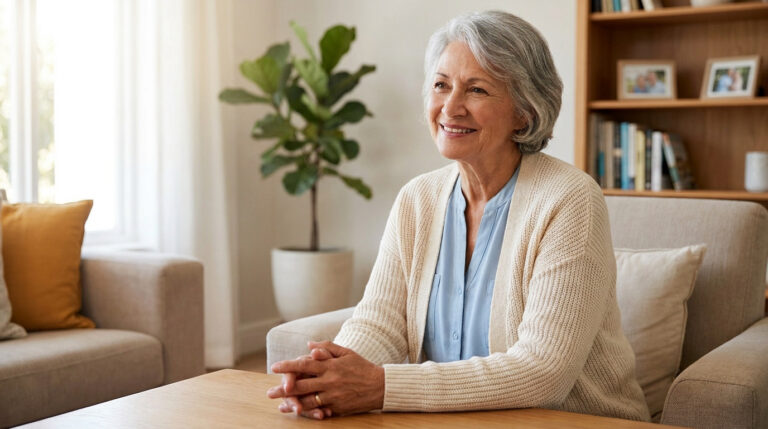 Aspa demande : tout savoir sur ce coup de pouce retraite Une femme âgée aux cheveux gris, souriante et sereine, assise dans un salon lumineux, les mains croisées sur une table en bois.