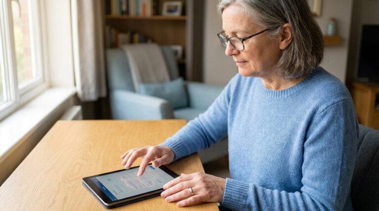 Tout comprendre sur la pension de réversion et ses droits Une femme âgée utilise une tablette numérique pour consulter ses droits à la pension de réversion depuis chez elle.
