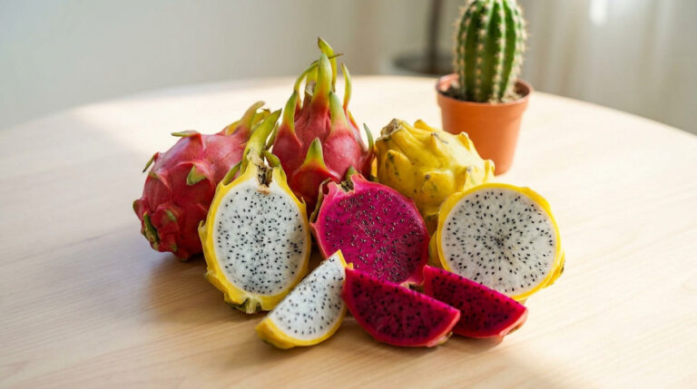 Assortiment de fruits du dragon rouges et jaunes, entiers et coupés, révélant des chairs blanches et magenta.