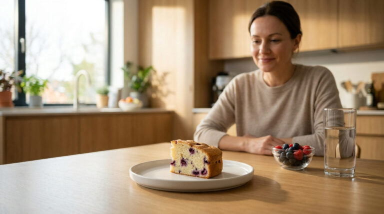 Gâteau peu calorique industriel : l’avis de Juliette Juliette sourit, regardant une part de gâteau aux myrtilles, un bol de fruits rouges et un verre d'eau sur une table de cuisine.