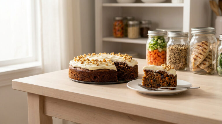 Un gâteau aux carottes avec glaçage et noix sur une table en bois, accompagné d'ingrédients sains dans des bocaux.