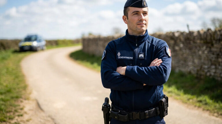 Un gendarme en uniforme bleu, bras croisés, debout sur une route de campagne avec un véhicule en arrière-plan.