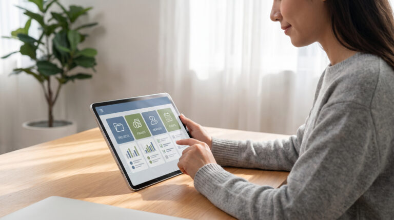 Piloter ton projet avec klubasso.fr france : l’outil zen Femme gérant un projet avec une tablette affichant des sections pour projets, finance, membres et événements. Outil Klubasso.