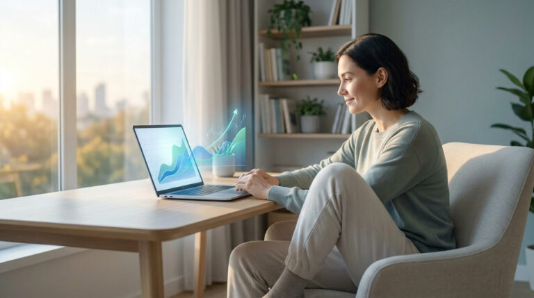 Comment réussir ton emevia.com placement sans stress Femme assise à un bureau consultant des graphiques de croissance financière en 3D sur son ordinateur portable.