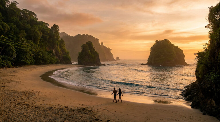 Pourquoi être naturiste va changer ta vision du corps Un couple marche main dans la main sur une plage isolée au coucher du soleil, entouré de falaises et d'une forêt luxuriante.