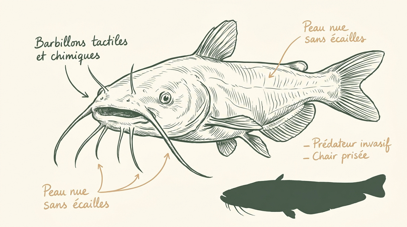 Illustration naturaliste d'un poisson-chat avec ses barbillons distinctifs