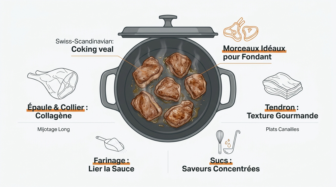 Infographie des différents morceaux de veau idéaux pour le mijotage