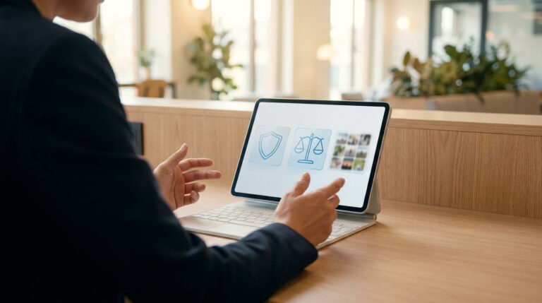 Je montre mes seins : tout sur les galeries et la loi Une personne en costume consulte une tablette affichant des icônes de protection, de justice et une galerie d'images.
