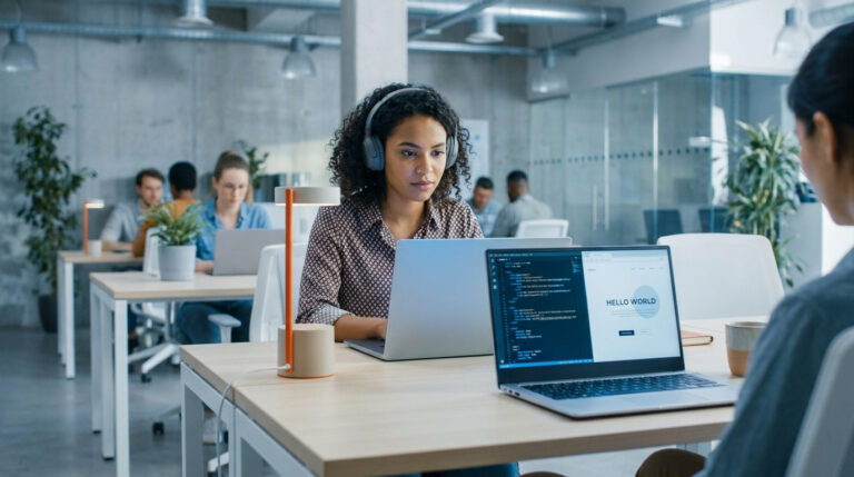 Réussir ton alternance développeur web chez Nexa Développeuse travaillant sur son ordinateur portable dans un bureau moderne et lumineux.