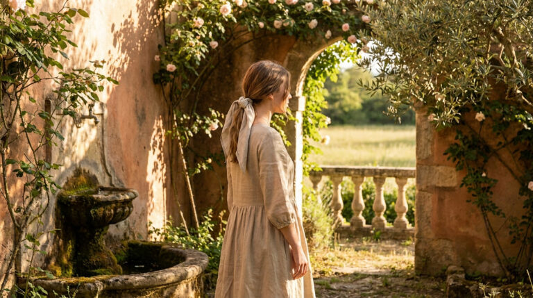 Une jeune femme en robe de lin beige se tient de profil près d'une fontaine ancienne dans un jardin ensoleillé.