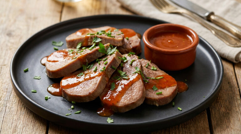 Réussir la langue de bœuf : le secret d’une viande fondante Tranches de langue de bœuf nappées de sauce et d'herbes fraîches sur une assiette noire.