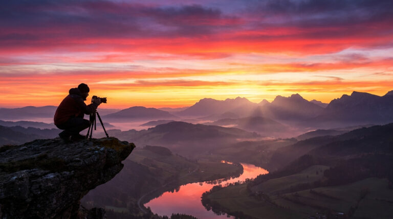 Photographe accroupi sur une falaise rocheuse utilisant un trépied pour filmer un lever de soleil coloré sur des montagnes.
