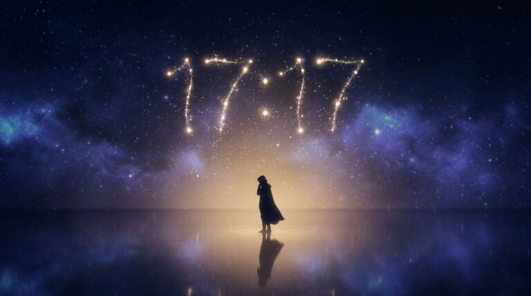 17h17 signification : le secret de ton éveil spirituel Silhouette sous un ciel nocturne étoilé formant les chiffres 17:17 au-dessus d'une étendue d'eau calme.
