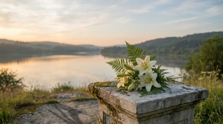 Bouquet de lys blancs et fougères sur socle en pierre moussue, devant un lac calme et des collines au lever/coucher du soleil.