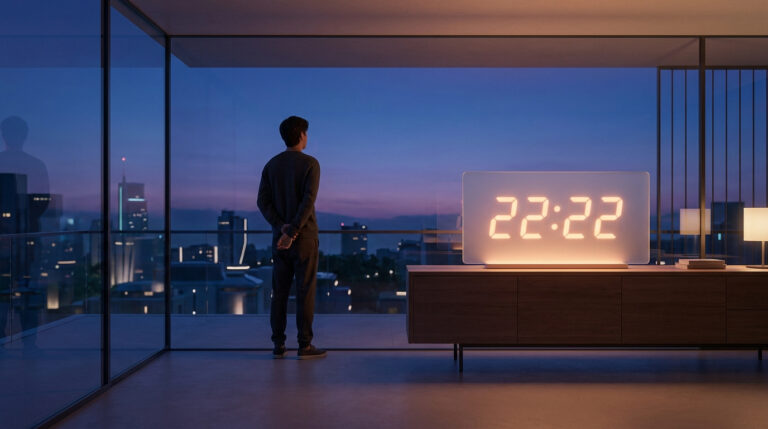 22h22 signification : le secret pour ton équilibre en 2026 Un homme regarde un paysage urbain nocturne à travers une baie vitrée avec une horloge lumineuse affichant 22:22.