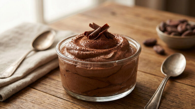 Une délicieuse mousse au chocolat dans un pot en verre, décorée de copeaux de chocolat, posée sur une table en bois.