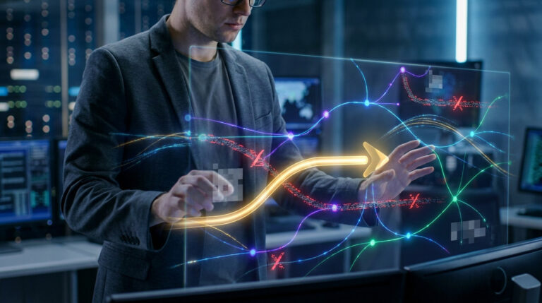 Wawacity nouvelle adresse : déniche le vrai site sans peine Un homme en costume utilisant une interface holographique avec des graphiques de données complexes dans un centre serveur.