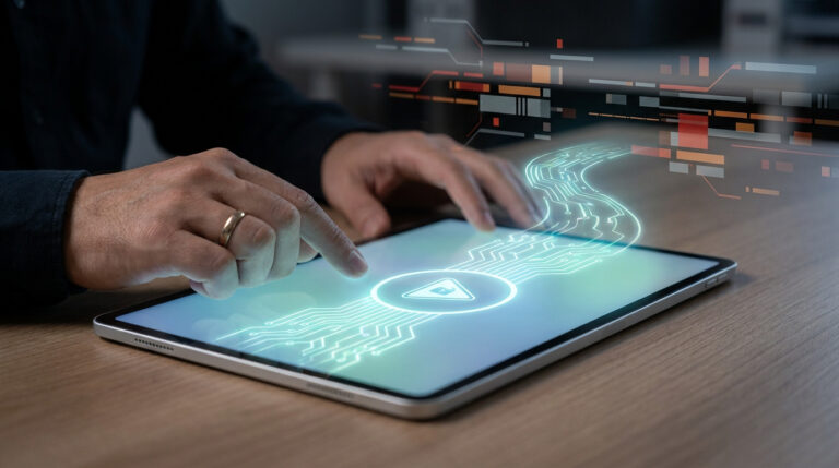 Mains sur une tablette affichant un chemin numérique lumineux et un symbole de sécurité. Représente la navigation sécurisée en ligne.