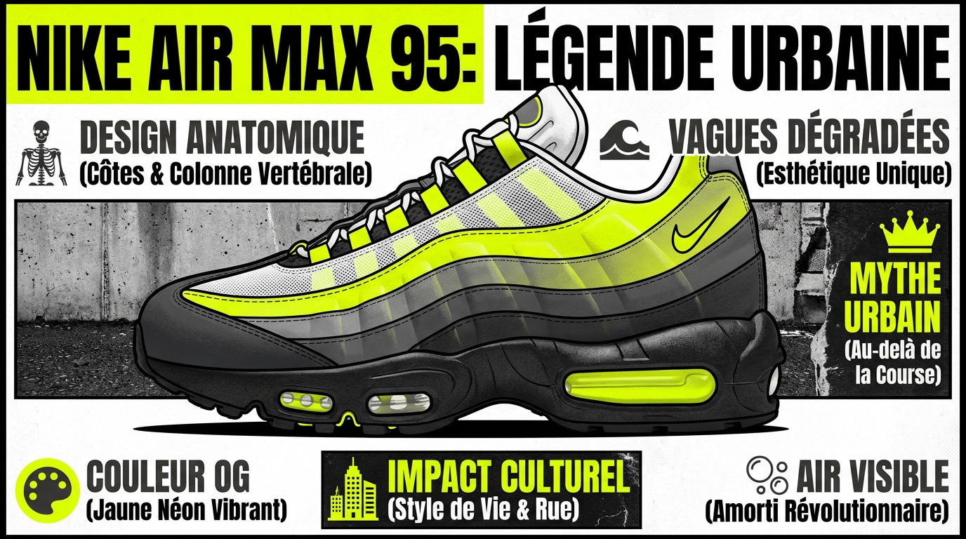 Sneaker Nike Air Max 95 grise et jaune néon inspirée de l'anatomie humaine