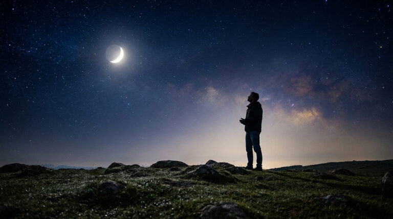 Horoscope France Bleu : tes prévisions astro du 21 mai Une personne regarde le croissant de lune et la Voie lactée dans un ciel étoilé nocturne.